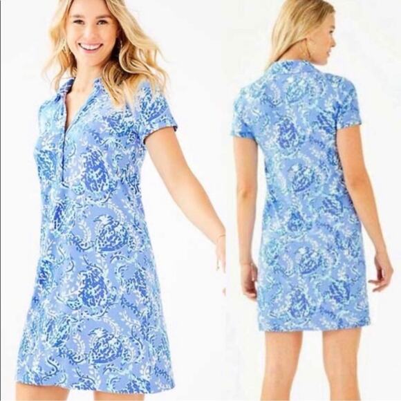 Lilly Pulitzer Sadie Polo Dress Blue Turtle UPF 50+ Preppy Resortwear Vacation - Picture 1 of 9